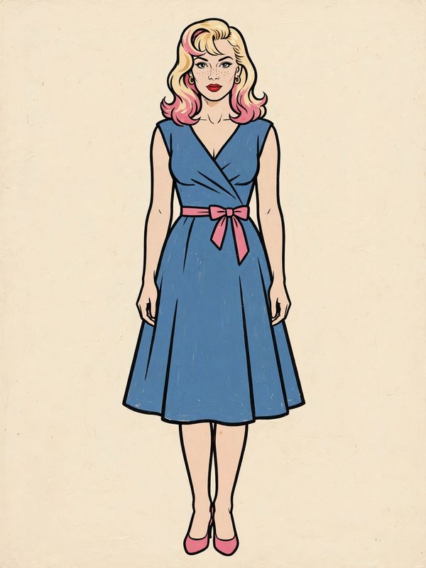 Retro pop art illustration of a blonde woman with pink highlighted hair wearing a vintage blue 1950s swing dress