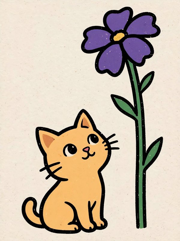 Cute hand-drawn orange kitten looks up at a tall purple flower on a textured cream background.