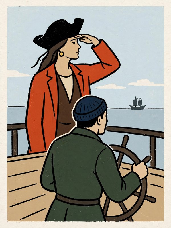 [Linocut illustration of female pirate captain and helmsman on ship deck spotting a distant sailing vessel on the horizon]