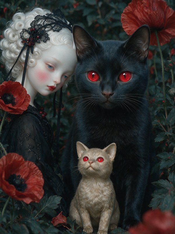 Pale rococo porcelain doll, red-eyed black cat, and cream kitten sit among red poppies in dark garden foliage