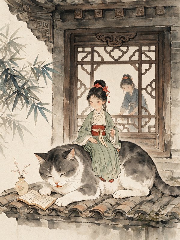 Watercolor illustration of a girl in hanfu sitting on a giant napping cat on a traditional Chinese tiled rooftop.