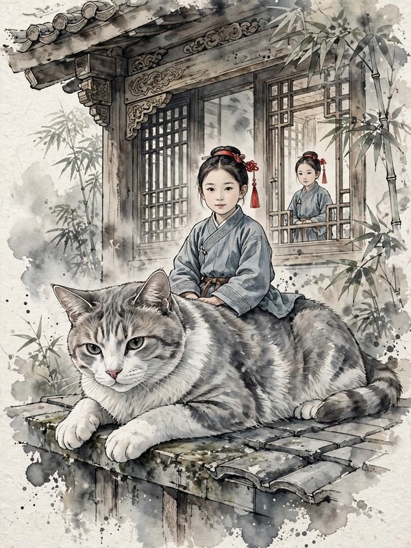 Traditional ink wash illustration of a giant grey tabby cat with a girl in hanfu sitting on its back on a home rooftop.