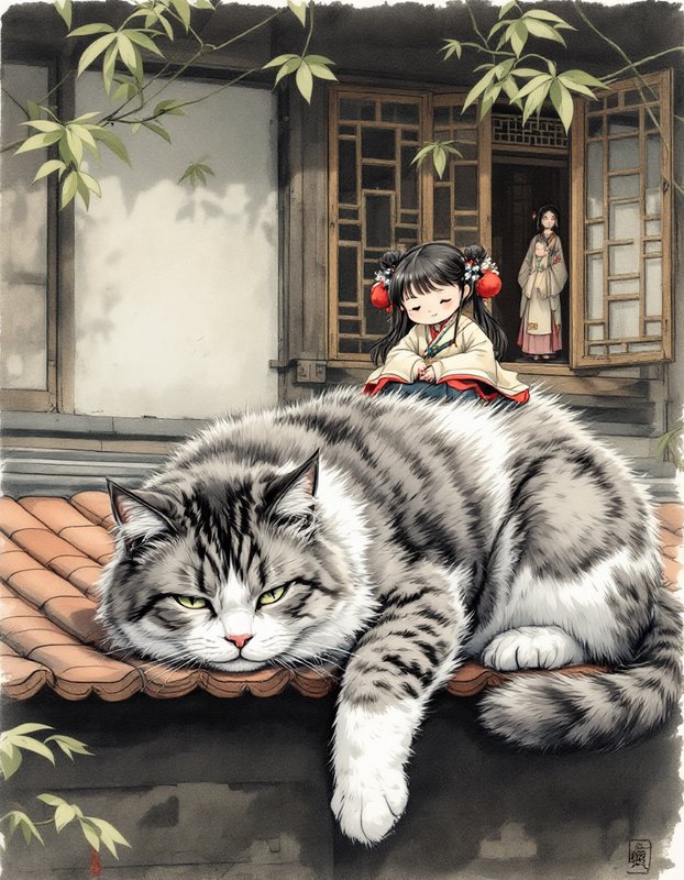 Chibi girl in traditional hanfu sits atop a giant fluffy tabby cat resting on a historic Chinese house rooftop.
