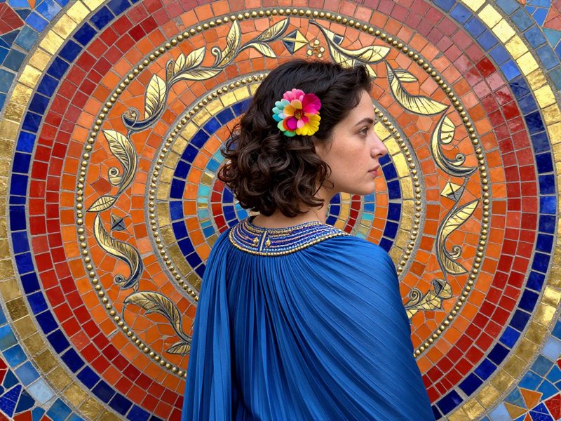 Woman in a flowing blue gown with rainbow flower hair accessory stands before an ornate circular mosaic wall.