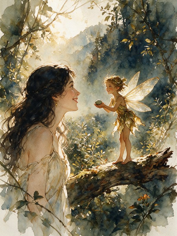 Watercolor illustration of a smiling woman receiving a small gift from a golden winged fairy on a sunlit forest log.