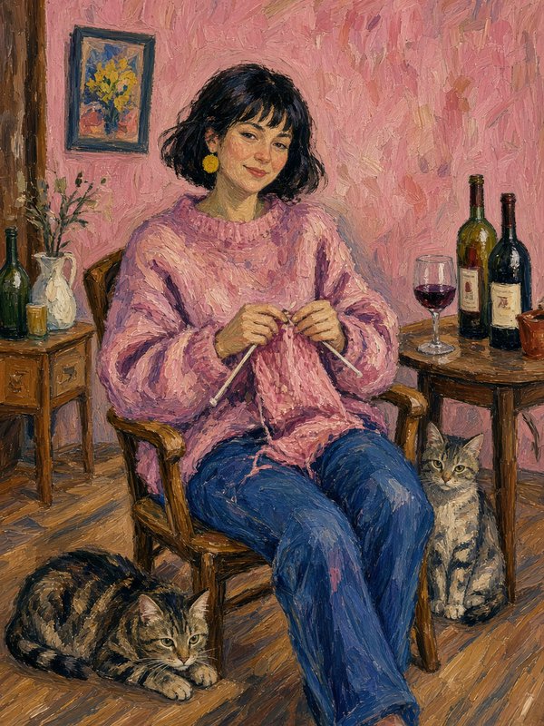 Impressionist impasto painting of a woman knitting, flanked by tabby cats, in a warm cozy pink home interior.
