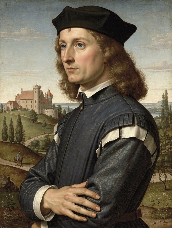 Half-length Renaissance portrait of a fair gentleman in a black cap, with a hilltop castle landscape background.