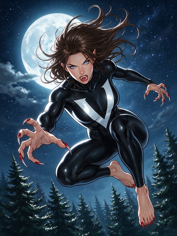 Dynamic comic art of a female vampire superhero leaping, clawed hands extended, full moon over pine forest night background