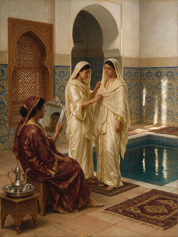 Realist Orientalist oil painting of women preparing in an ornate tiled Moorish hammam bath interior.