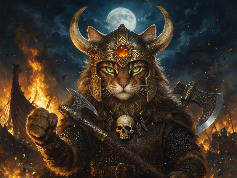 Fierce anthropomorphic viking tabby cat wearing a horned helmet, holding battle axes, against a fiery battlefield under