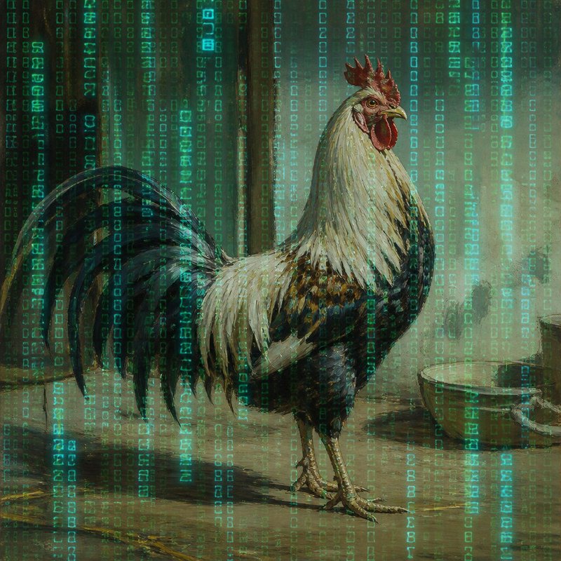 [Regal painted rooster standing in a farm interior, overlaid with cascading glowing green binary matrix code lines]