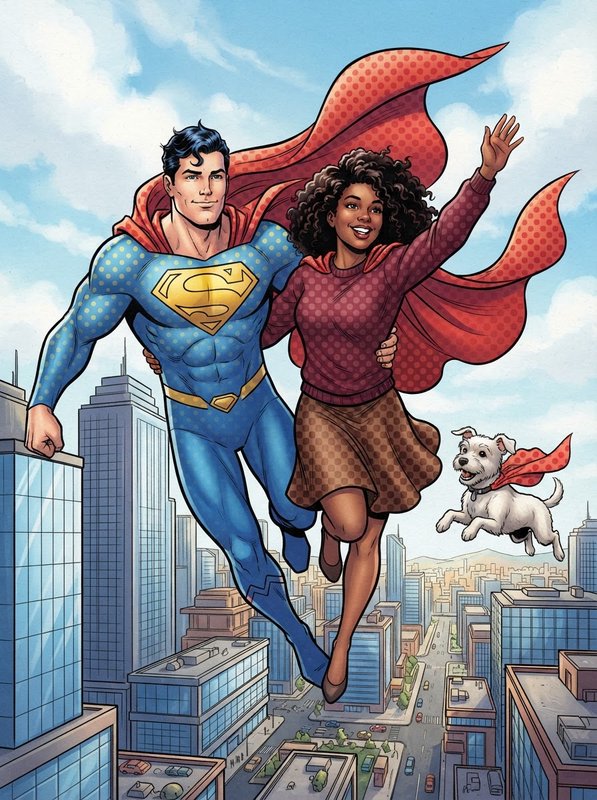 Comic art of Superman flying with a waving smiling woman, a caped small dog beside them, over a sunny downtown city