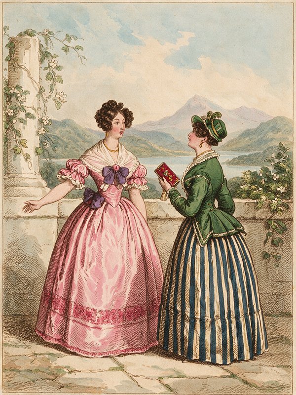 [Hand-colored 1830s fashion illustration of two elegantly dressed women conversing on a stone terrace overlooking a mounta...