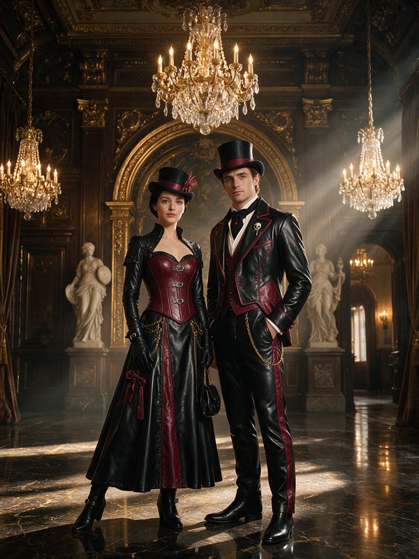 Steampunk couple in matching top hats and leather formal wear stand in an opulent gilded baroque ballroom