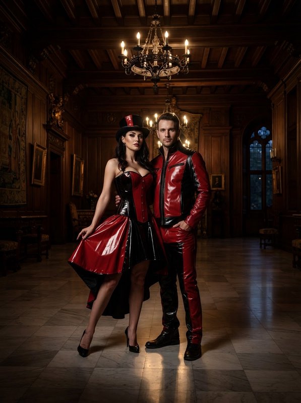 Stylish couple in matching red-black latex couture pose in an ornate dark wood paneled historic manor ballroom.