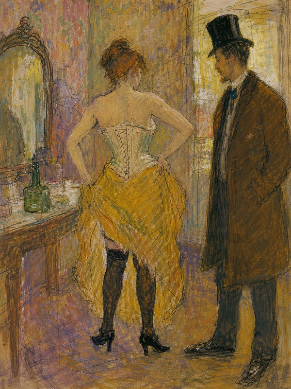 Impressionist pastel painting of a woman in a corset and yellow skirt facing a top-hatted man in a 19th century dressing