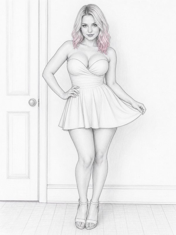 Realistic graphite pencil sketch of a curvy woman with pink-tipped blonde hair posing in a strapless mini dress indoors