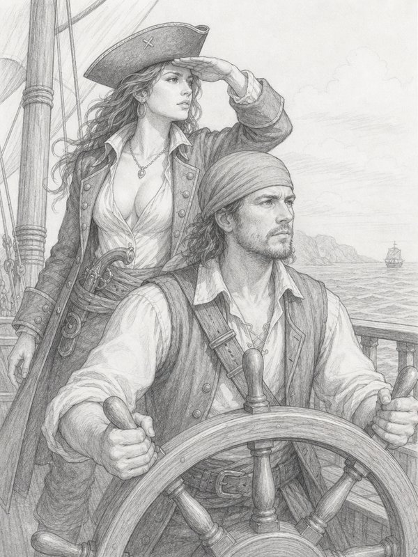 Monochrome pencil sketch of a pirate pair, man steering ship wheel, female captain scanning the horizon from a ship deck