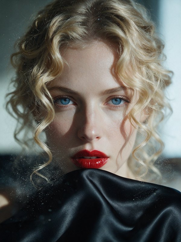Close-up portrait of a woman with curly blonde hair, bright blue eyes, glossy red lipstick resting against smooth black