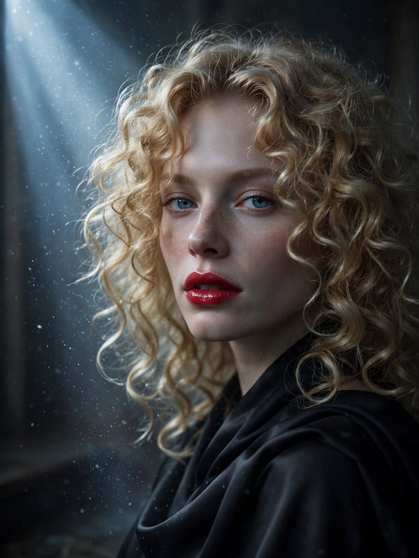 Close-up portrait of a woman with curly blonde hair, blue eyes, bold red lipstick, lit by a dramatic sunbeam through