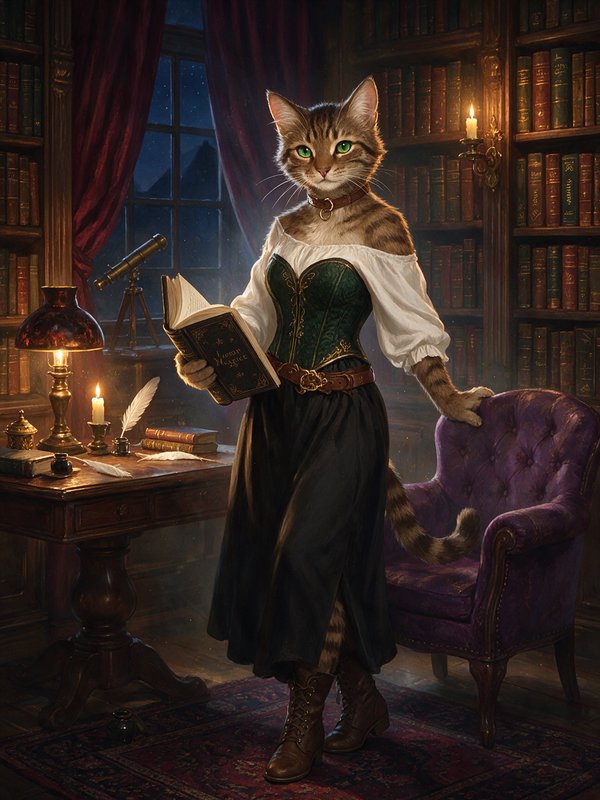 Anthropomorphic tabby cat in vintage period attire holds an open book, standing in a warm candlelit library study at night