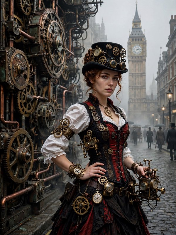 Steampunk woman in gear-adorned top hat stands by brass clockwork machinery on a foggy cobblestone London street, Big