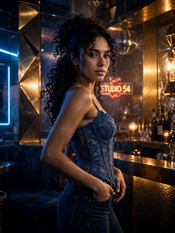 Woman with curly hair in a blue lace corset poses confidently inside a vintage Studio 54 style nightclub.