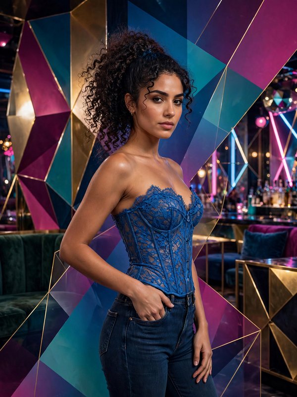 Woman with curly high ponytail in a blue lace corset poses confidently in a neon-lit geometric nightclub interior