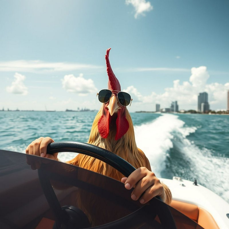 Anthropomorphic rooster in aviator sunglasses driving a speedboat on sunny coastal ocean.