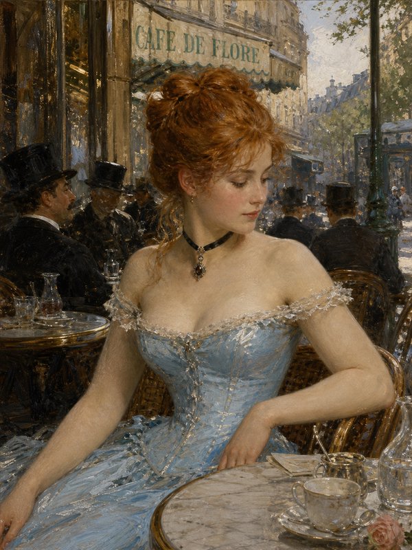 Impressionist oil painting of elegant red-haired woman in blue gown seated at outdoor Paris Cafe de Flore patio