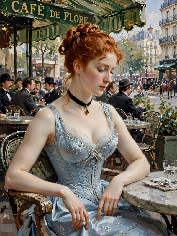 Impressionist oil painting of pensive red-haired woman seated at outdoor Cafe de Flore, 19th century Paris street background