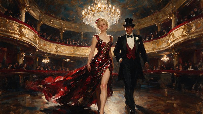 Impressionist oil painting of elegant formal couple walking through opulent gilded opera house ballroom under a glowing
