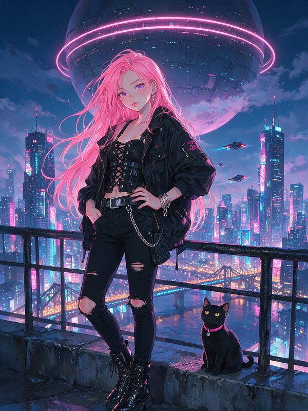 Pink-haired anime girl with black cat stands on a rooftop overlooking a neon cyberpunk city at night.