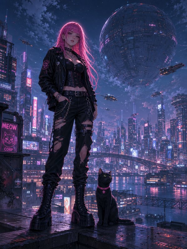 Pink-haired cyberpunk girl in punk fashion stands on wet rooftop beside a black cat, overlooking neon futuristic night city
