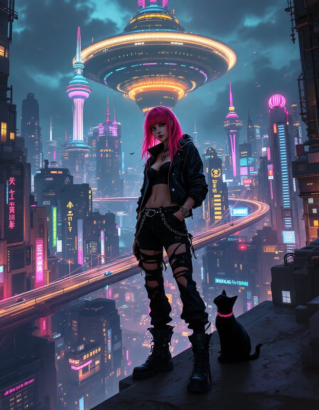 Cyberpunk woman with bright pink hair stands on a skyscraper rooftop beside a black cat, overlooking a glowing neon