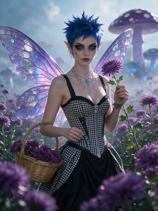 Gothic spiky blue haired fairy with iridescent purple wings stands in a misty purple flower meadow with giant fantasy