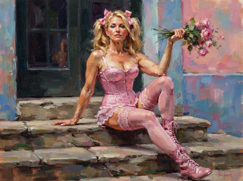 Impressionist impasto oil painting of a blonde woman in a pink corset outfit sitting on stone steps holding a pink rose