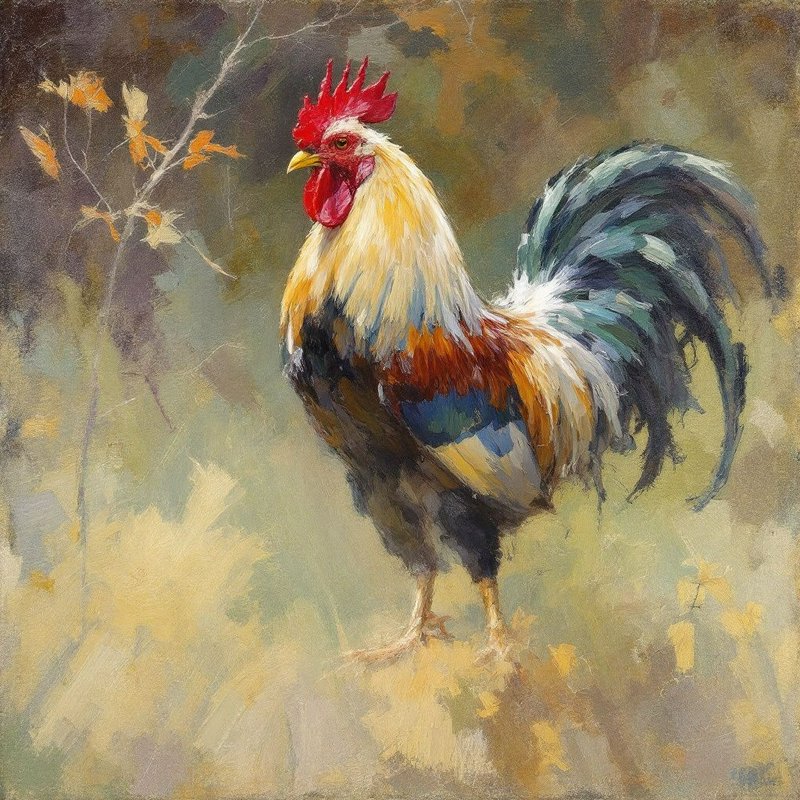 Impressionist oil painting of a vibrant multicolored rooster standing against a soft muted autumnal foliage background