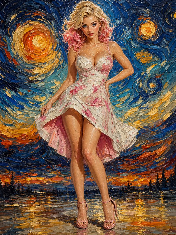 Impasto oil portrait of blonde pink-haired woman in a floral dress against Van Gogh Starry Night inspired swirling sky