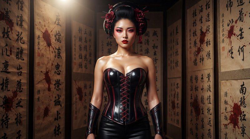 Fierce geisha-inspired woman in a black leather corset stands between blood-splattered Japanese calligraphy scrolls