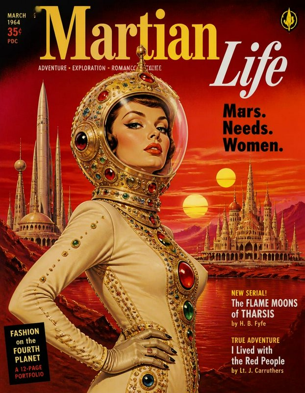 Vintage 1964 Martian Life magazine cover, featuring a glamorous woman in a jeweled golden space helmet over a red Mars