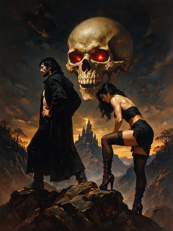 Dark fantasy oil painting of a couple on a rocky peak beneath a giant glowing red-eyed floating skull, overlooking a
