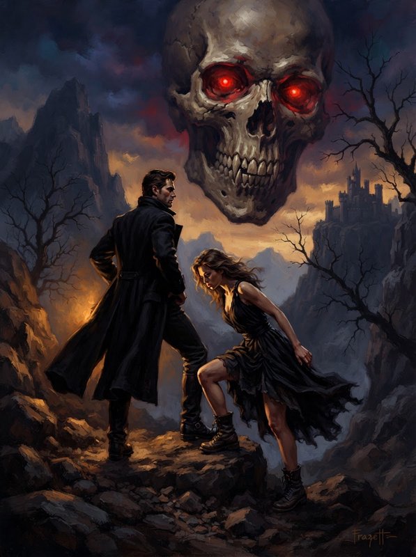 Dark fantasy illustration of a couple confronting a giant floating skull with glowing red eyes above a rocky mountain