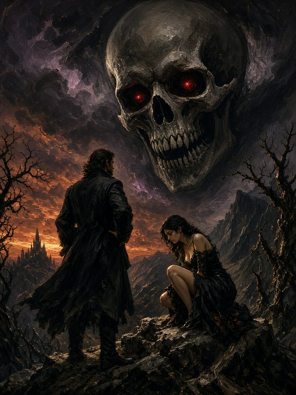 Giant menacing skull with glowing red eyes looms over a man and kneeling woman on a rocky gothic cliff at stormy sunset