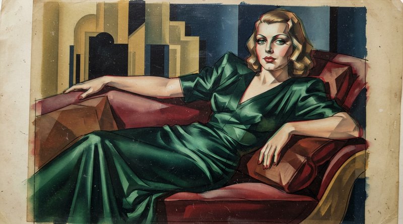 Art Deco painting of a glamorous 1930s woman in an emerald green satin gown reclining on a red vintage chaise lounge.