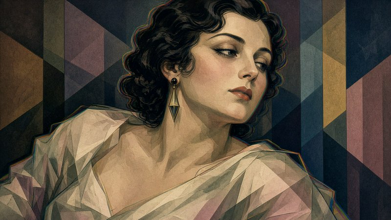 Cubist art deco portrait of a pensive 1920s woman with curled dark hair, geometric drop earrings, against an angular