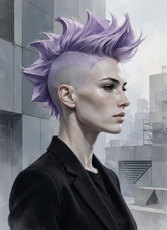 Side profile portrait of a person with a spiked lavender mohawk, standing before a foggy futuristic industrial cityscape