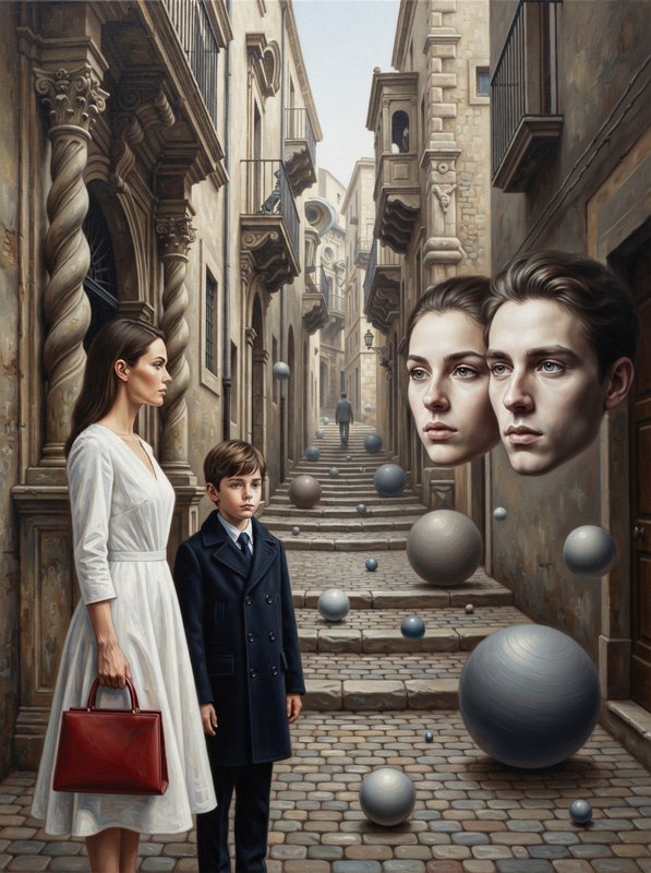 Surrealist oil painting shows a woman, young boy, floating disembodied heads, and spheres in a narrow historic