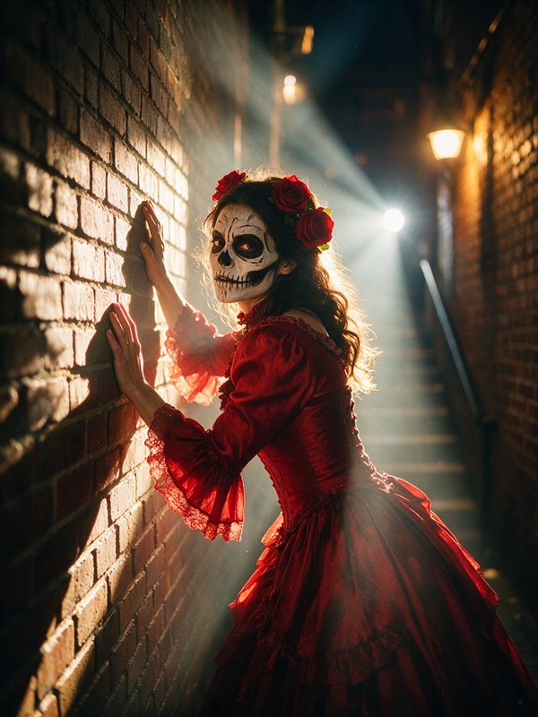 Woman with Day of the Dead sugar skull makeup, red Victorian gown, rose crown, leaning on brick wall in foggy lit alley