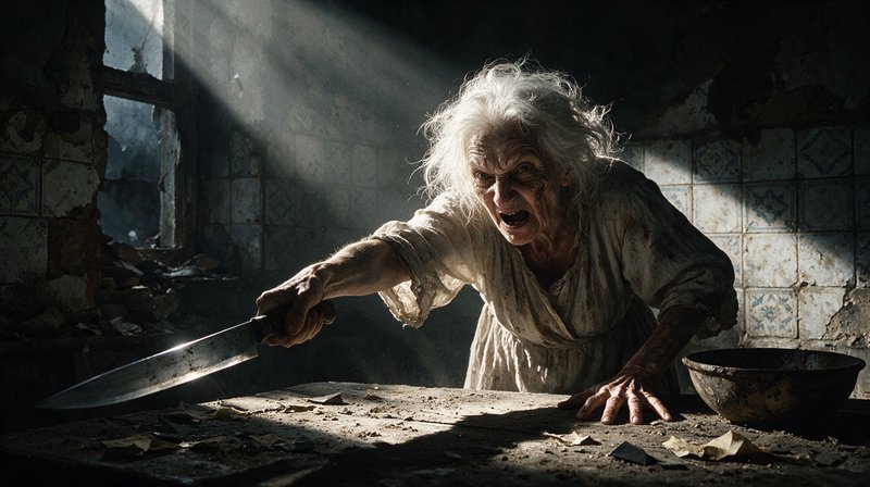 Fierce disheveled elderly woman leans forward aggressively pointing a large knife in a crumbling sunlit dilapidated kitchen.
